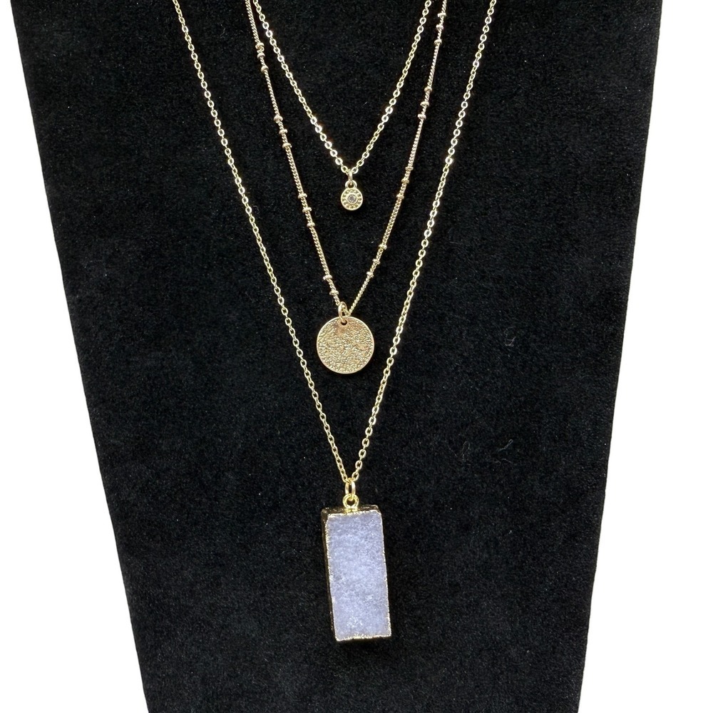 Layered Gold Tone Necklace Purple Crystal Druzy Pendant Satellite Chain Jewelry - Picture 5 of 6